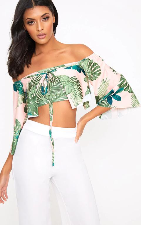 Pink Palm Print Frill Crop Top, Pink