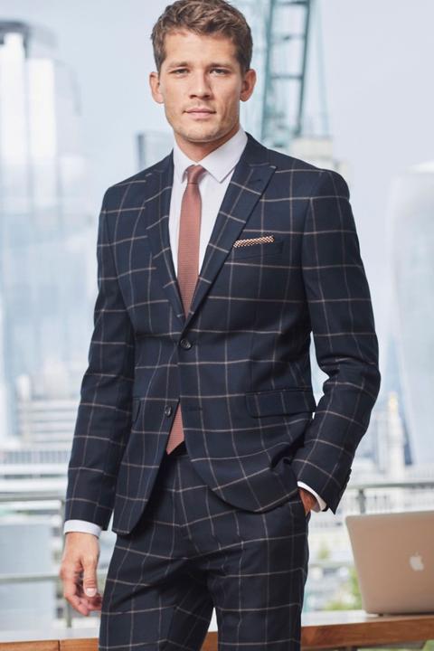 Mens Next Navy Windowpane Skinny Fit Check Suit: Jacket