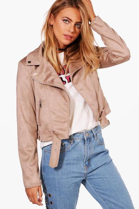 Livia Faux Suede Cropped Belted Biker Jacket