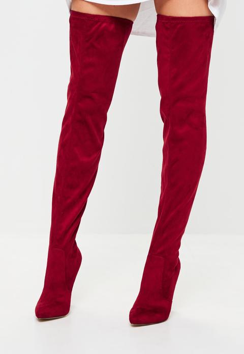 Red Pointed Over The Knee Faux Suede Boots