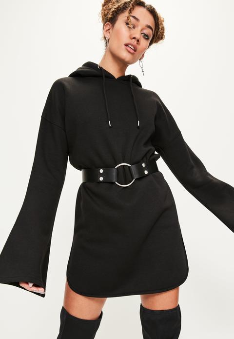 Black Flared Sleeve Hooded Sweater Dress