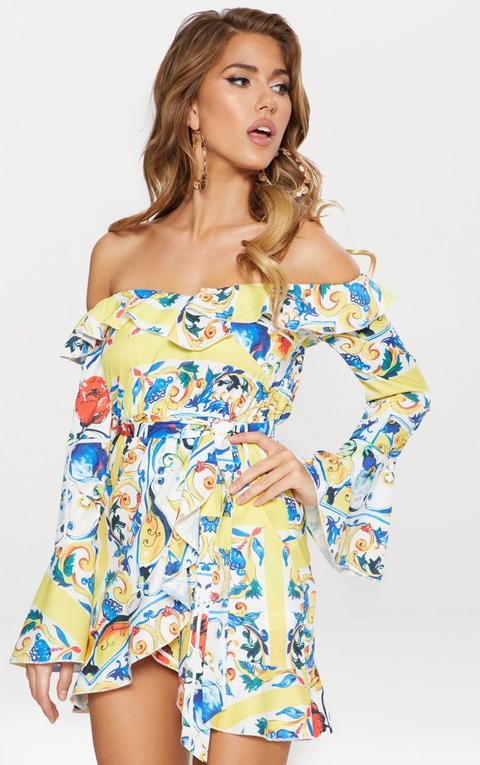 White Floral Bardot Ruffle Shift Dress