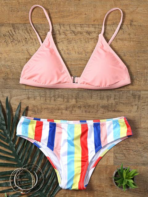 Colorful Rainbow Striped Print Skimpy Bikini - S