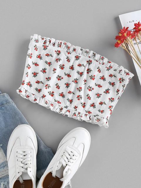 Zaful Top De Tubo Con Volantes Y Estampado De Flor White