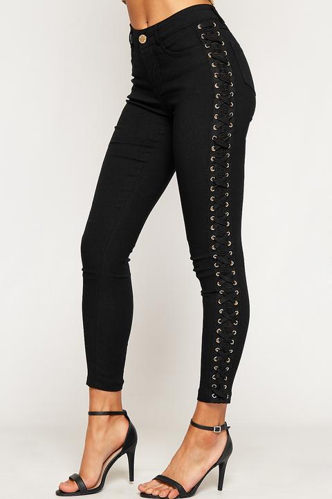 Bella Canvas Lace Up High Waist Skinny Leg Jeans - Black