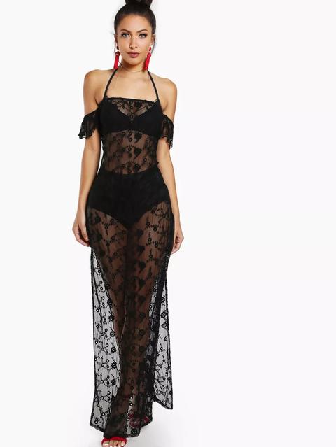 Side Slit Sheer Embroidered Mesh Dress