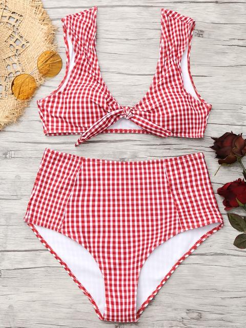 Checked Tie Front High Waisted Bikini
