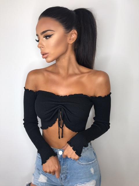 Toria Knit Ruched Crop Top - Black
