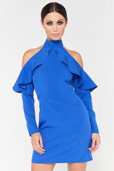 Kendra Blue High Neck Cold Shoulder Mini Dress