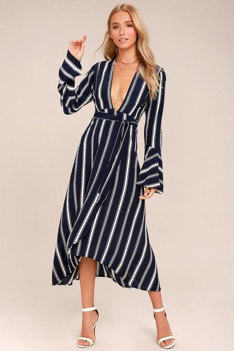 Faithfull The Brand Carioca Navy Blue Striped Wrap Dress