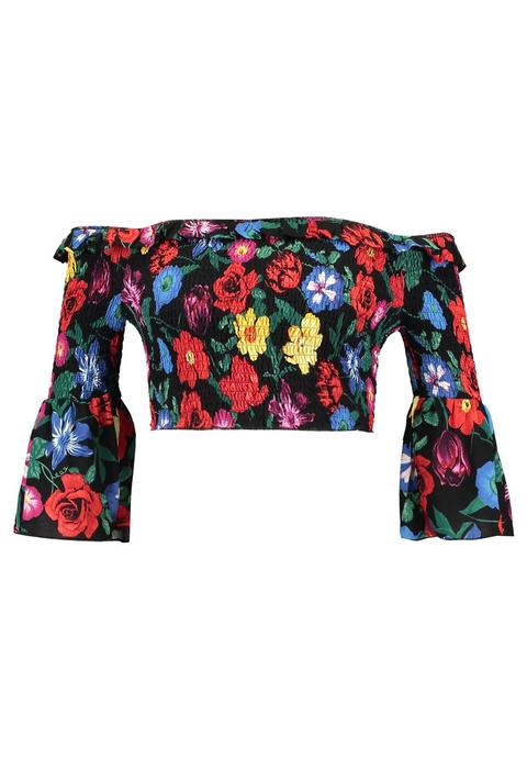 Missguided Floral Print Shirred Bardot Camicetta Black