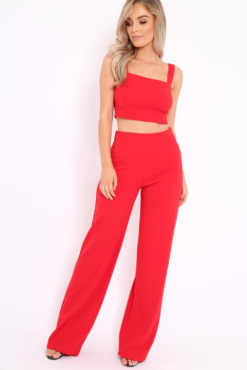 Red Crop Top And Trousers Co-ord Set 