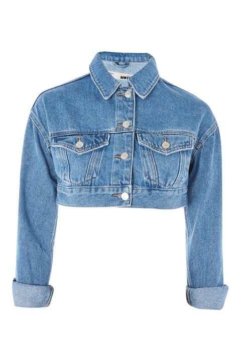 Womens Moto Shrunken Crop Denim Jacket - Mid Stone, Mid Stone