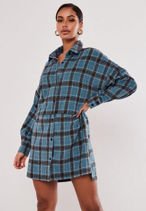 Premium Blue Check Oversized Dip Back Shirt Dress, Blue