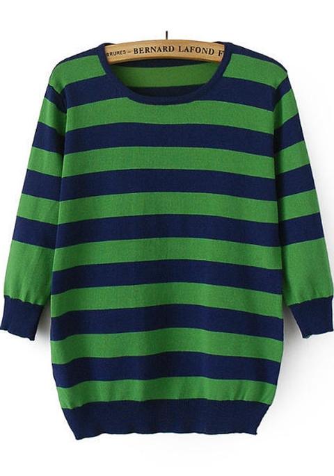 Maglione Stampa A Righe Maniche A Tre Quarti Maglia Verde