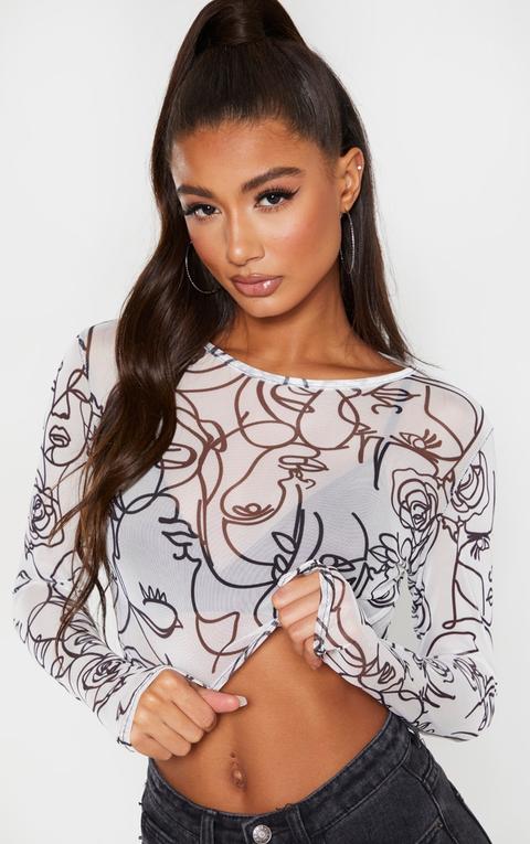 White Abstract Faces Printed Mesh Long Sleeve Crop Top