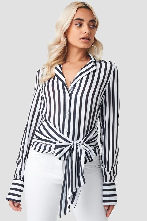 Tied Waist Striped Shirt Schwarz