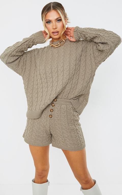 Mocha Cable Knitted Button Short Set