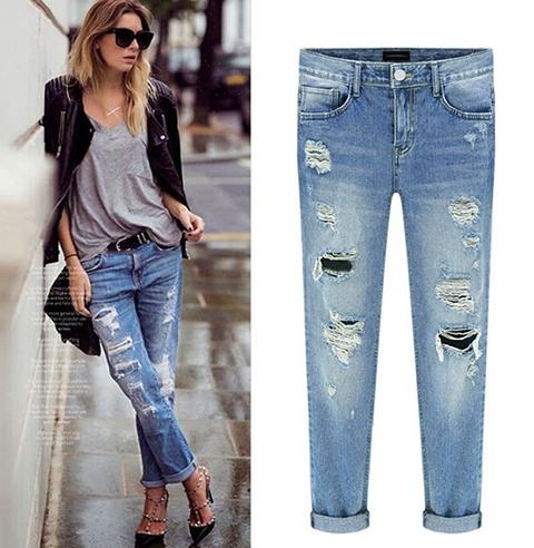 Pantaloni Pianura Tagliati Moda Jeans Blu