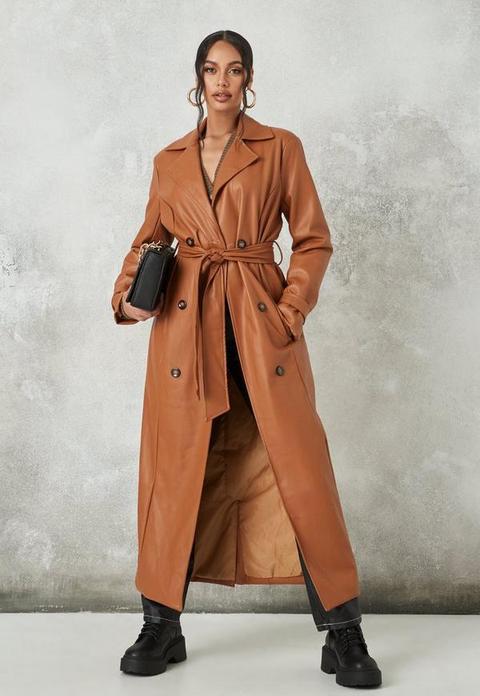 Tan Faux Leather Belted Trench Coat, Tan