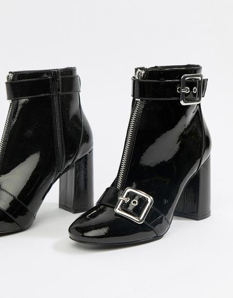 Miss Selfridge Patent Heeled Boots With Buckle Detail In Black