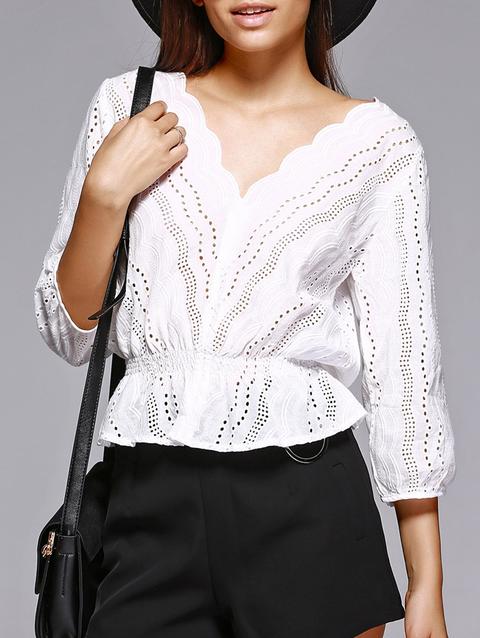 Trendy V Neck Hollow Out White Blouse