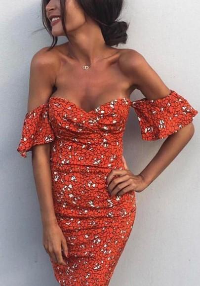 Vestido De Mediana Edad Volante Con Fleco Floral Manga Corta Naranja