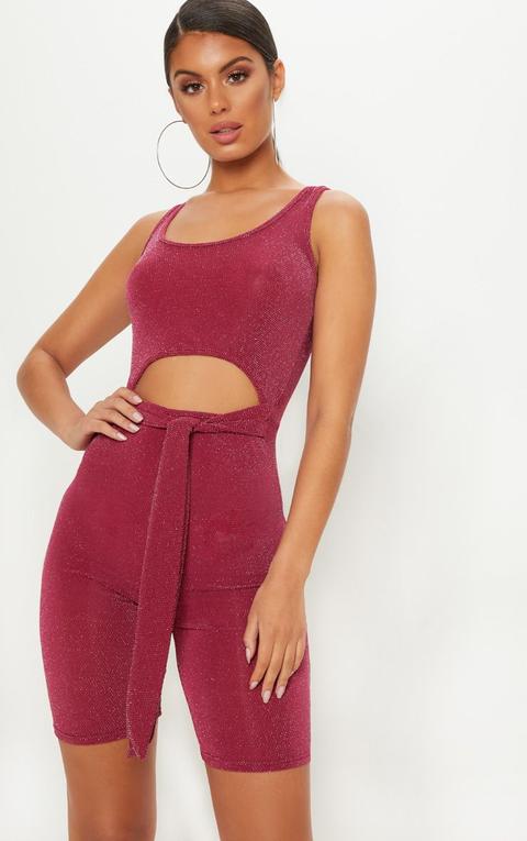 Burgundy Textured Glitter Cut Out Tie Waist Unitard