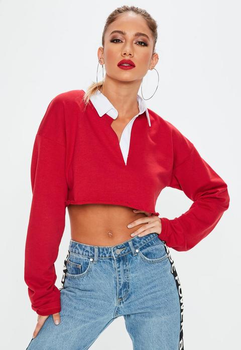 Red Boxy Crop Rugby Shirt, Red