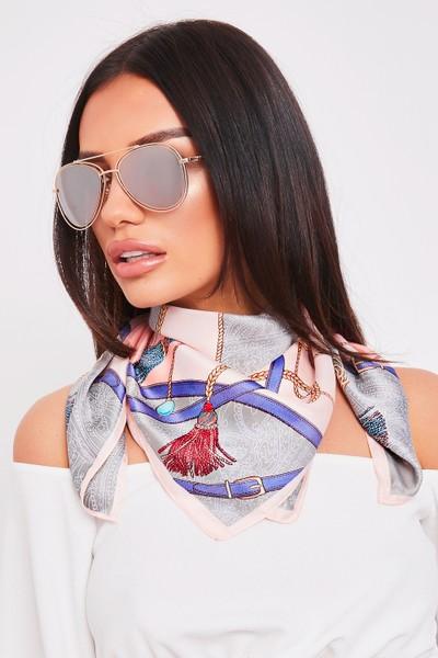 Sam Pink Blue Chain & Tassel Print Scarf