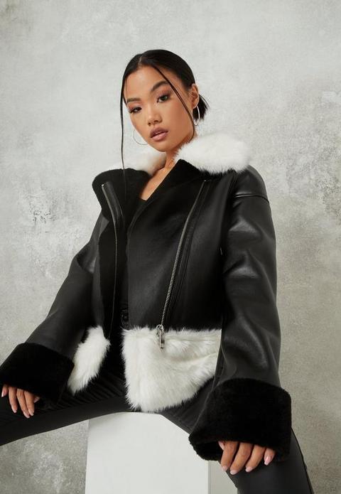 Black Faux Fur Mix Aviator Jacket, Black