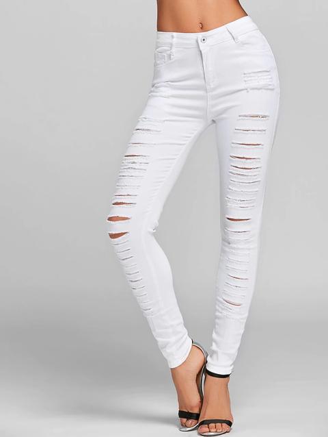 Jeans Skinny Strappati Con Tasche White