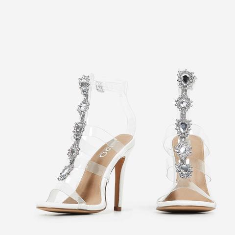 Belfonte Jewel Embellished Perspex Heel In White Faux Leather, White