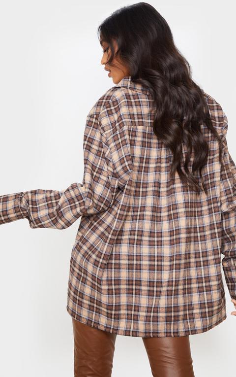 Brown Tartan Checked Flannel Detail Oversized Shirt