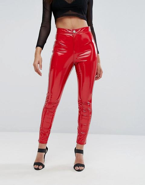 Asos Rivington High Waist Denim Jeggings In Vinyl Effect In Red