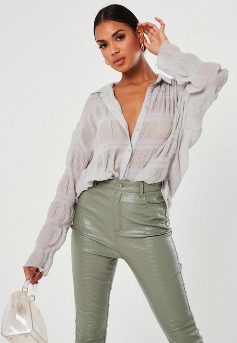 Tall Dove Grey Sheer Crinkle Extreme Oversized Shirt, Grey