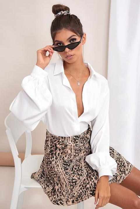 White Balloon Sleeve Button Front Shirt