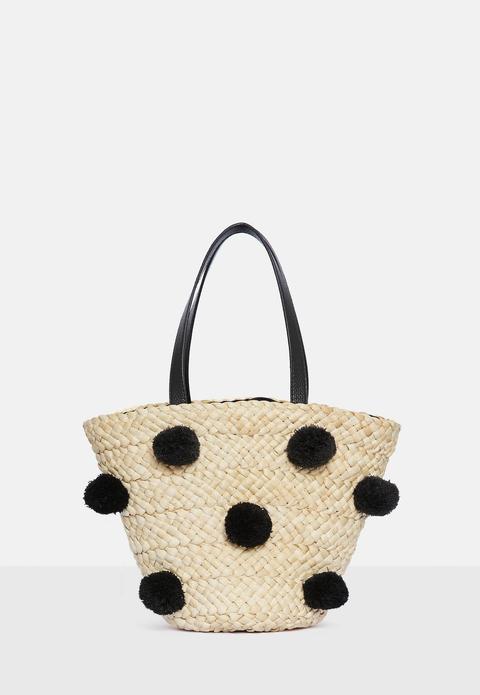 Black Pom Pom Bucket Bag, Black