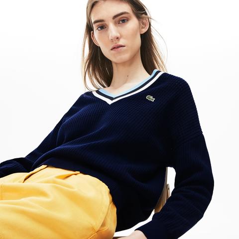 Pullover Da Donna In Cotone A Righe Tricolori Con Scollo A V Made In France