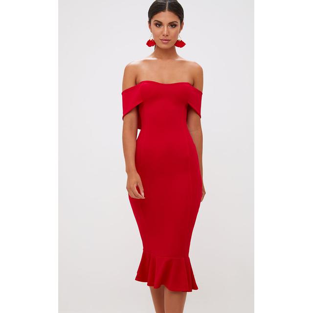 red bardot frill hem midi dress
