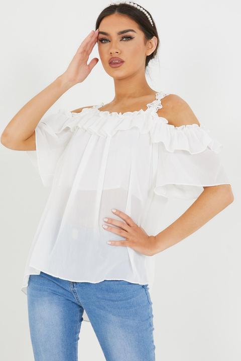 Cream Ruffle Cold Shoulder Lace Top