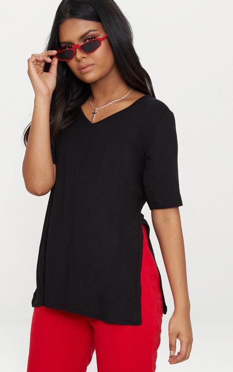 Petite Black V Neck Side Split T-shirt, Black