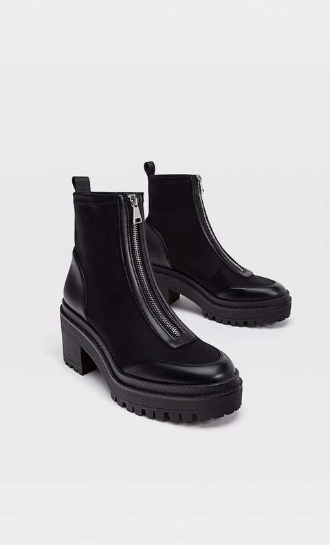 Stradivarius Bottines À Talon En Tissu Avec Fermeture Éclair Noir 35
