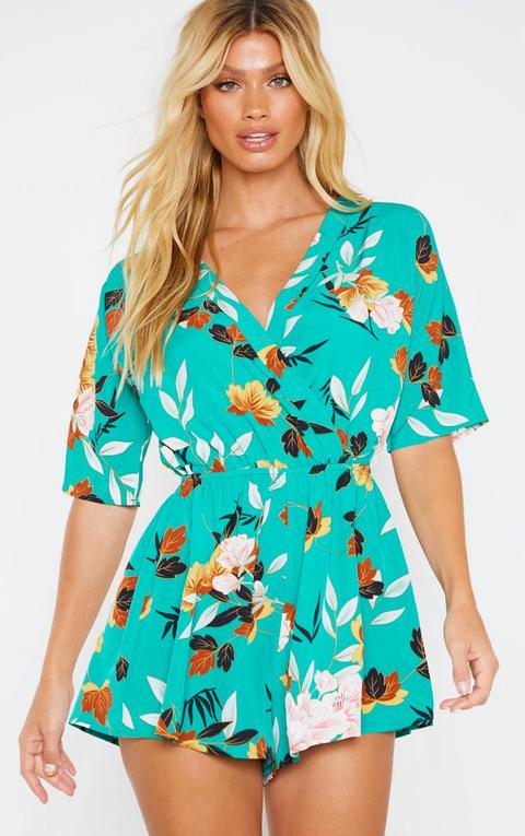 Green Printed Wrap Front Romper