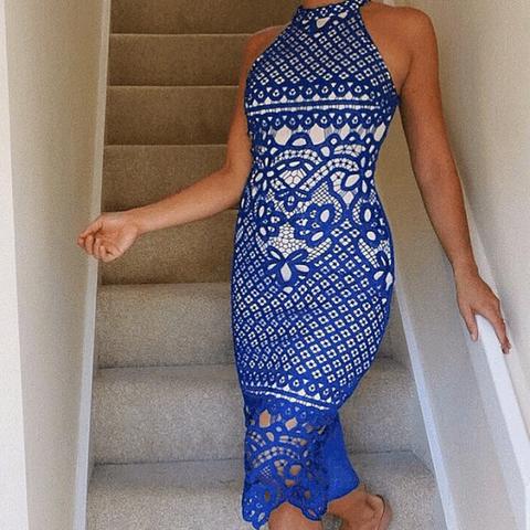 Blue Crochet Contrast Sleeveless Midi Dress