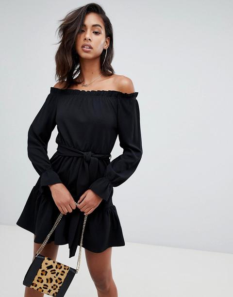 Boohoo - Vestito A Pieghe Con Spalle Scoperte Nero - Nero