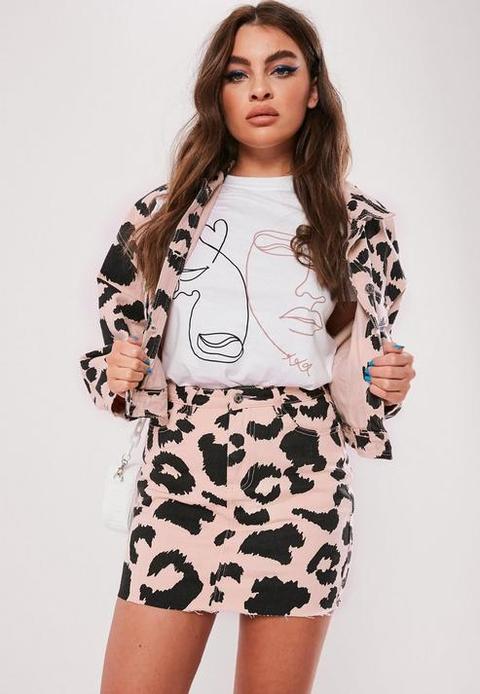 Pink Leopard Print Co Ord Denim Mini Skirt, Pink