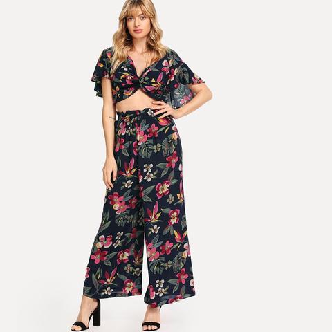 Twist Front Botanical Print Crop Top & Pants Set