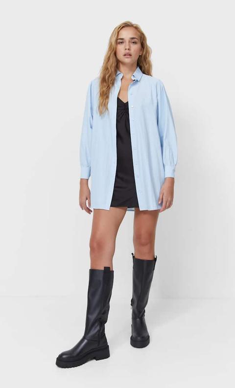 Stradivarius Chemise Longue Oversize Popeline Bleu Ciel L