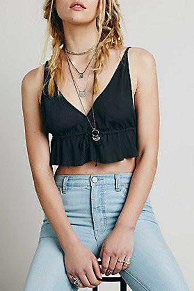 Spaghetti Strap Black Flounce Crop Top